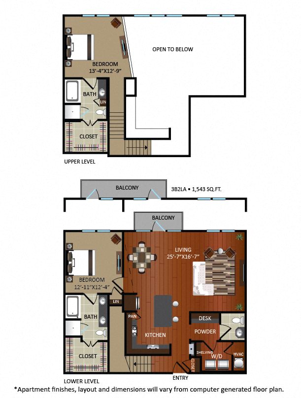 Floor plan for 2 beds, 2 baths, 1543 sqft